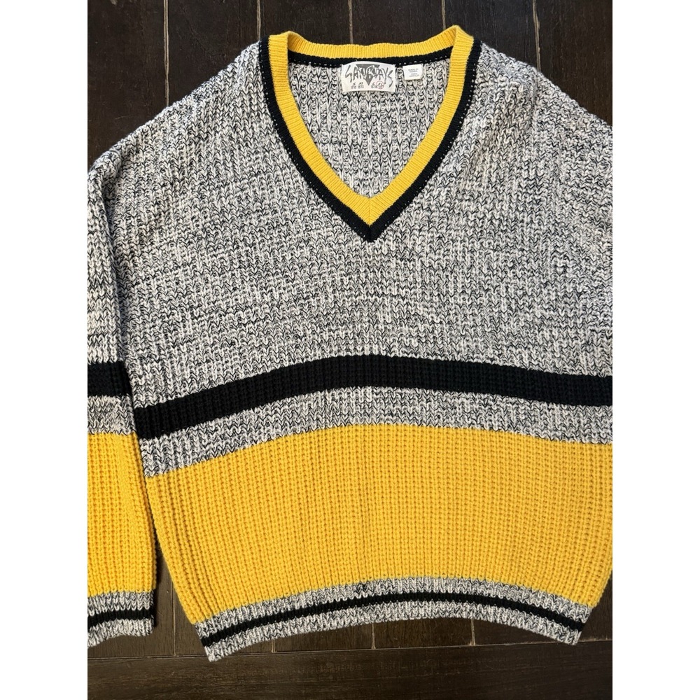 Vintage 80s Saturdays Chunky Knit Grandpa Sweater XL Yellow Black V Neck